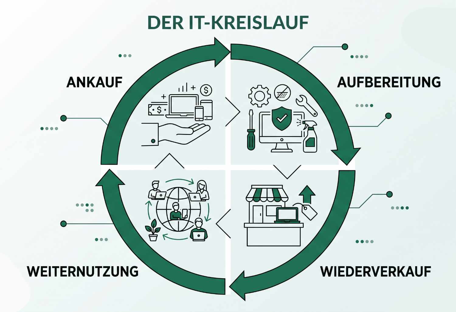 Infografik zum IT-Lebenszyklus: Ankauf, Aufbereitung und Wiederverkauf im Remarketing-Kreislauf