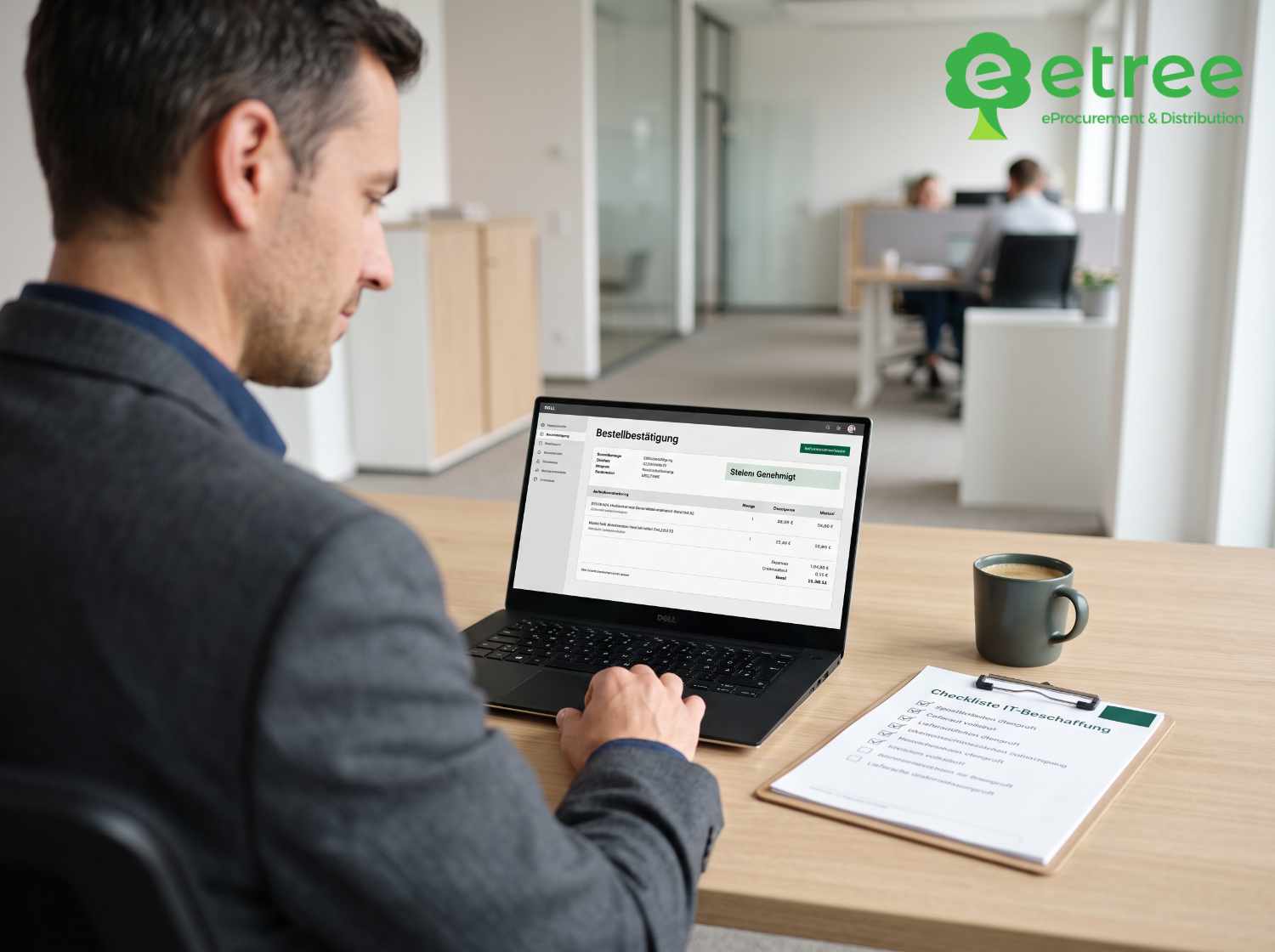 IT-Einkäufer prüft Auftragsbestätigung und Lieferzeit anhand einer Beschaffungs-Checkliste
