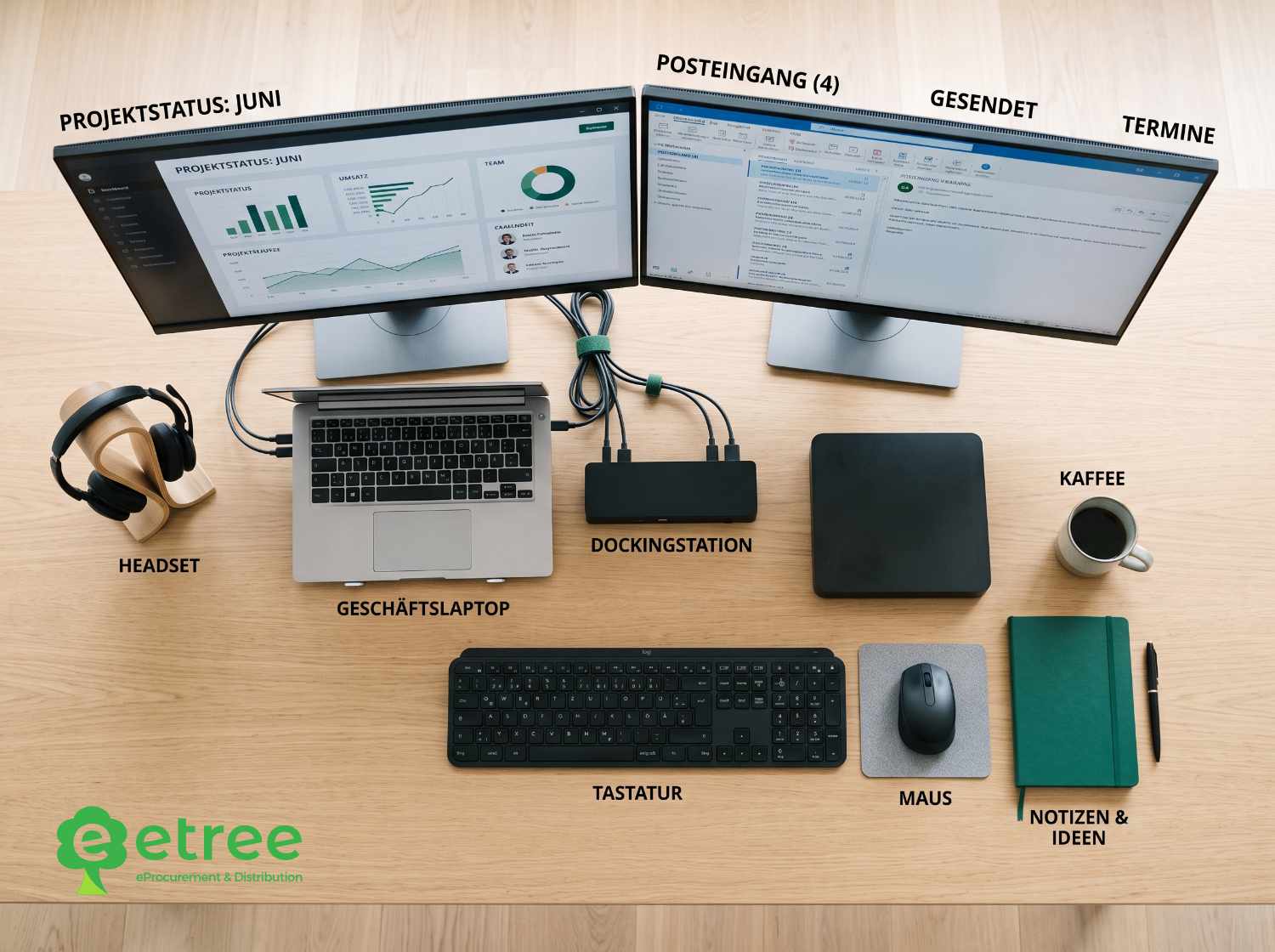 Standardisierte Arbeitsplatz-Konfiguration mit Notebook, Monitoren, Dock und Headset